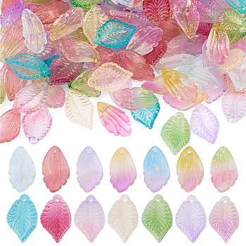 140Pcs 14 Color Autumn Theme Two Tone Spray Painted Glass Pendants, with Glitter Powder, Leaf Charms, Mixed Color, 22.5x12.5x5.5mm, Hole: 1mm, 10Pcs/style