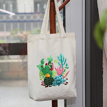 DIY Cactus & Succulent Plants Pattern Tote Bag Embroidery Kit, including Embroidery Needles & Thread, Cotton Fabric, Plastic Embroidery Hoop, White, 390x340mm