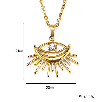 Retro Titanium Steel Clear Cubic Zirconia Eye Pendant Cable Chain Necklaces for Women, Golden