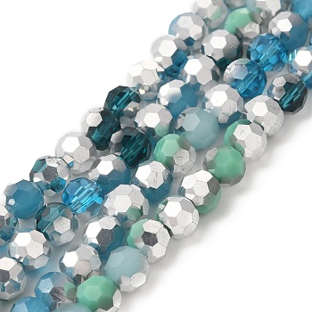 Electroplate Glass Beads Strands, Faceted(32 Facets), Half Silver Plated, Round, Medium Turquoise, 6x5mm, Hole: 1.4mm, about 100pcs/strand, 20.87''(53cm)
