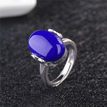 Oval Natural Lapis Lazuli Adjustable Ring, Platinum Brass Jewelry for Women, Inner Diameter: 16mm