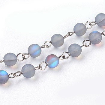 Handmade Natural Moonstone Beads Chains, Unwelded, with Platinum Tone Iron Eye Pin, Round, 13.5~14x6.5mm, 39.37 inch(1m)/strand