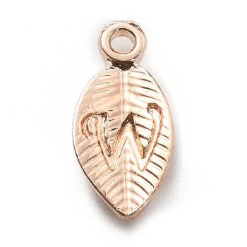 Alloy Pendants, Leaf with Letter Charm, Rose Gold, Letter.W, 15.5x7.5x2.5mm, Hole: 1.5mm