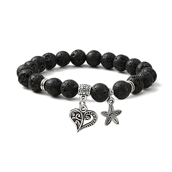 Natural Lava Rock Round Beaded Stretch Bracelets, with Tibetan Style Alloy Heart Charms, Inner Diameter: 2 inch(5cm)