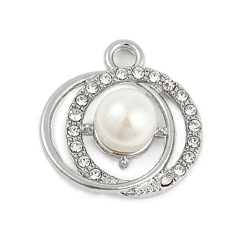 Rack Plating Alloy Micro Pave Rhinestone Pendants, with ABS Imitation Pearl, Flat Round, Platinum, 19x18x9mm, Hole: 2mm