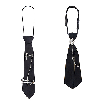 2Pcs 2 Style Polyester Children Suit Necktie, Pre-tied Adjustable/Elastic School Uniform Ties, Black, 375~487x2~10.5mm, 1pc/style