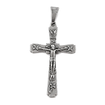 304 Stainless Steel Pendants,  Crucifix Cross Charm, Easter, Antique Silver, 43x26x3.5mm, Hole: 9.5x4.5mm