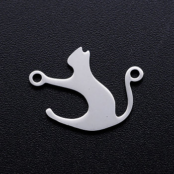 201 Stainless Steel Kitten Links connectors, Cat Silhouette, Stainless Steel Color, 19x15x1mm, Hole: 1.5mm