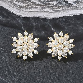 Snowflake Brass & Clear Cubic Zirconia Stud Earrings, Floral Earrings for Women, Real 18K Gold Plated, 19mm