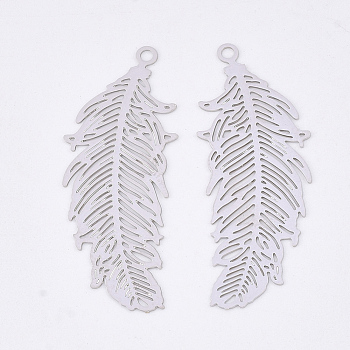 Brass Pendants, Etched Metal Embellishments, Lead Free & Nickel Free, Long-Lasting Plated, Feather, Platinum, 33.5x13x0.3mm, Hole: 1.4mm