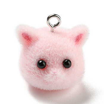 Flocky Opaque Resin Animal Pendants, Cat Shape Charms with Platinum Plated Iron Loops, Pink, 18.5~19.5x18~18.5x17.5mm, Hole: 2mm