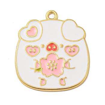 Alloy Enamel Pendants, Long-Lasting Plated, Golden, Pig with Flower, White, 27x24x1mm, Hole: 1.8mm
