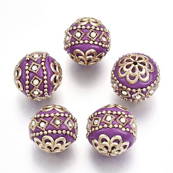 Handmade Indonesia Beads, with Metal Findings, Round, Light Gold, Purple, 19.5x19mm, Hole: 1mm