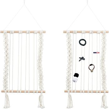 Cotton Hanging Wall Decorations, with Natural Wood Sticks, Rectangle, White, 70x30x1.8cm