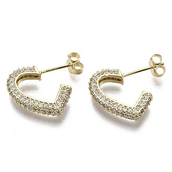Brass Micro Pave Clear Cubic Zirconia Stud Earrings, Half Hoop Earrings, with Ear Nuts, Heart, Nickel Free, Real 16K Gold Plated, 18x4mm, Pin: 0.8mm