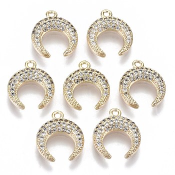 Brass Micro Pave Cubic Zirconia Charms, Nickel Free, Real 18k Gold Plated, Moon, Clear, 14x12x3mm, Hole: 1.2mm
