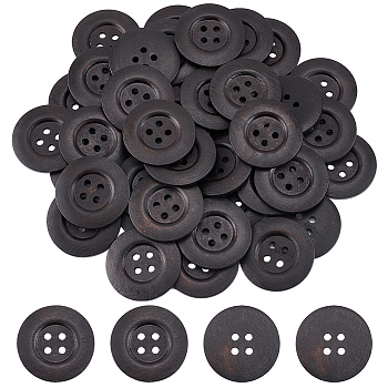 40Pcs Wood Buttons, 4-Hole, Flat Round, Coconut Brown, 50x5mm, Hole: 4mm