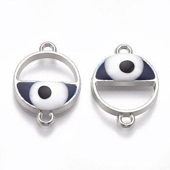 Alloy Links connectors, with Enamel, Flat Round with Evil Eye, Platinum, Midnight Blue, 21.5x16x4mm, Hole: 1.5mm