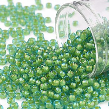TOHO Round Seed Beads, Japanese Seed Beads, (307) Inside Color Aqua/Opaque Yellow Lined, 8/0, 3mm, Hole: 1mm, about 222pcs/10g