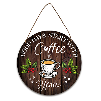 Wooden Hanging Plate Signs, for Bakery Decoration Accessories, with Jute Twine, Flat Round with Word & Bread Pattern, Coffee, 300x5mm