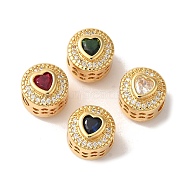 Flat Round with Heart Pattern Rack Plating Brass Micro Pave Cubic Zirconia European Beads, Large Hole Beads, Cadmium Free & Lead Free, Long-Lasting Plated, Real 18K Gold Plated, Mixed Color, 12x11.5mm, Hole: 4.5mm(KK-G511-01G)