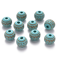 Painted Natural Wood Beads, Laser Engraved Pattern, Round with Leave Pattern, Dark Turquoise, 10x9mm, Hole: 2.5mm(WOOD-N006-02A-05)