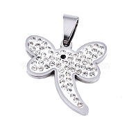 201 Stainless Steel Pendants,  with Polymer Clay Rhinestone, Laser Cut, Dragonfly, Stainless Steel Color, 25x23.5x2.5mm, Hole: 4.5x5mm(STAS-T044-218P)