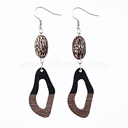 Resin & Wood Dangle Earrings, with Natural Bodhi Wood Bead and 316 Surgical Stainless Steel Earring Hooks, Twisted Oval, Black, 80~83mm, Pin: 0.6mm(EJEW-JE03469-01)