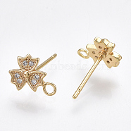 Brass Stud Earring Findings, with Loop & Cubic Zirconia, Clear, Flower, Nickel Free, Real 18K Gold Plated, 10x7.5mm, Hole: 1.5mm, Pin: 0.8mm(KK-T038-274G)
