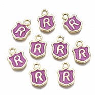 Alloy Enamel Charms, Cadmium Free & Lead Free, Shield with Initial Letters, Light Gold, Letter.R, 14x10x2mm, Hole: 2mm(ENAM-T012-03R-RS)