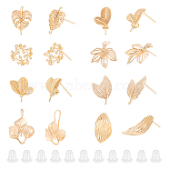 16Pcs 8 Style Brass Stud Earring Findings, Leaf, with Loops and 32Pcs Plastic Ear Nuts, Golden, 13.5~21.5x9.5~19.5mm, Hole: 0.8~2mm, Pin: 0.5~1mm, 2Pcs/style(KK-AR0003-67)