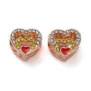 Alloy Enamel European Beads, with Rhinestone, Large Hole Beads, Heart, Rose Gold, 9.5x11.5x9mm, Hole: 4.8mm(FIND-Q115-10RG)