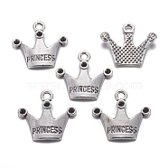 Tibetan Style Pendant Rhinestone Settings, Crown, Lead Free and Cadmium Free, with Word Princess, Antique Silver, 19x17mm, Hole: 2mm(TIBEP-A0368YKG-AS-LF)