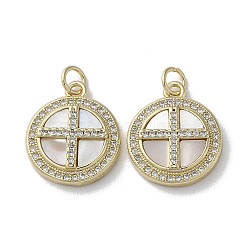 Brass Micro Pave Clear Cubic Zirconia Cross Pendants, Natural Shell Flat Round Charms with Jump Rings, Real 18K Gold Plated, 18.5x15.5x3.5mm, Hole: 3mm(KK-G485-32G-01)