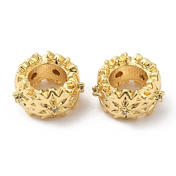 Brass Micro Pave Cubic Zirconia European Style Beads, Large Hole Beads, Ring with Flower, Real 18K Gold Plated, 9x5mm, Hole: 5mm(KK-P234-36G)