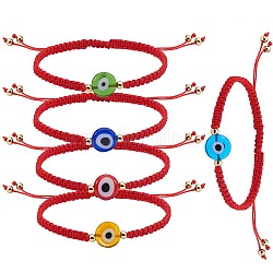 5Pcs 5 Colors Flat Round with Evil Eye Braided Bead Bracelets Set, Red Lucky Adjustable Bracelets for Women, Mixed Color, Inner Diameter: 2-1/2~4-1/8 inch(6.5~10.5cm), 1pc/color(BJEW-SZ0002-18)