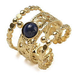 Natural Lapis Lazuli Finger Rings, 304 Stainless Steel Multi-layer Open Cuff Rings, Real 18K Gold Plated, 19.5mm, Adjustable(RJEW-U027-03G-04)