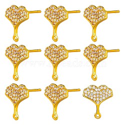 10Pcs Brass Micro Pave Clear Cubic Zirconia Stud Earring Findings, with Horizontal Loops, Gingko Leaf, with 20Pcs Silicone Ear Nuts, Real 18K Gold Plated, 12.5x11.5mm, Hole: 1mm, Pin: 0.7mm(ZIRC-SZ0005-13)