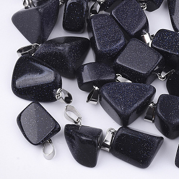 Synthetic Blue Goldstone Pendants, with Stainless Steel Snap On Bails, Nuggets, 15~35x10~20x5~15mm, Hole: 3x7.5mm