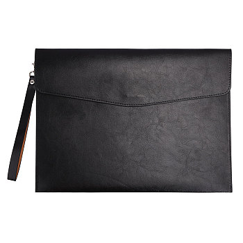 A4 PU Imitation Leather Stationery Storage Pockets, File Envelope Pouch, with Tether & Magnetic Button, Rectangle, Black, 240x331x6mm
