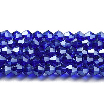 Transparent Electroplate Glass Beads Strands, Pearl Luster Plated, Faceted, Bicone, Dark Blue, 3.5~3.8x3mm, Hole: 0.8mm, about 113~115pcs/strand, 14.17~14.37 inch(36~36.5cm)