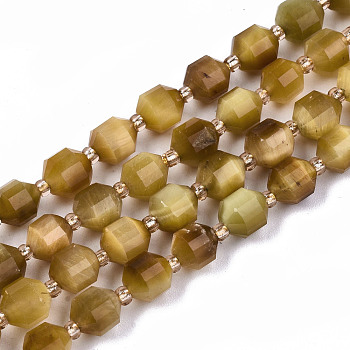 Natural Gold Tiger Eye Beads Strands, Round, Faceted, 6x5.5mm, Hole: 1mm, about 52pcs/strand, 14.96 inch(38cm)