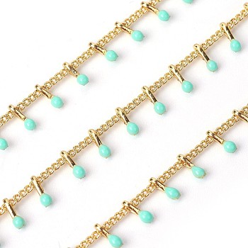 3.28 Feet Handmade Enamel Beaded Chains, with Brass Curb Chains, Soldered, Long-Lasting Plated, Real 18K Gold Plated, Aquamarine, 5.5x1.5~2mm