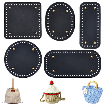 Elite 5Pcs 5 Style PU Leather Knitting Crochet Bags Nail Bottom Shaper Pad, with Alloy Nail, for Bag Bottom Accessories, Mixed Shapes, Black, 11.5~25x8~15x0.35~1.05cm, Hole: 4.5~5mm, 1pc/style