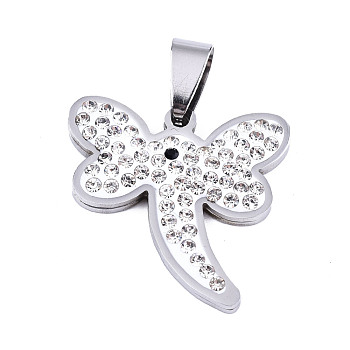 201 Stainless Steel Pendants,  with Polymer Clay Rhinestone, Laser Cut, Dragonfly, Stainless Steel Color, 25x23.5x2.5mm, Hole: 4.5x5mm