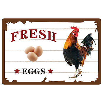 Iron Sign Posters, for Home Wall Decoration, Rectangle with Word Fresh Eggs, Rooster Pattern, 300x200x0.5mm