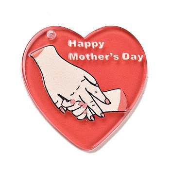 Mother's Day Printed Transparent Acrylic Pendants, Heart with Hand, Red, 38x36.5x2.5mm, Hole: 1.8mm