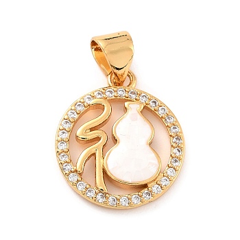 Natural Shell Pendants, with Clear Cubic Zirconia and Golden Brass Findings, Flat Round with Calabash, White, 16.5x14.5x2.5mm, Hole: 4x3.5mm