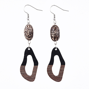 Resin & Wood Dangle Earrings, with Natural Bodhi Wood Bead and 316 Surgical Stainless Steel Earring Hooks, Twisted Oval, Black, 80~83mm, Pin: 0.6mm