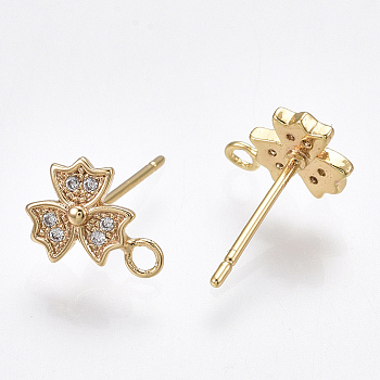 Brass Stud Earring Findings, with Loop & Cubic Zirconia, Clear, Flower, Nickel Free, Real 18K Gold Plated, 10x7.5mm, Hole: 1.5mm, Pin: 0.8mm